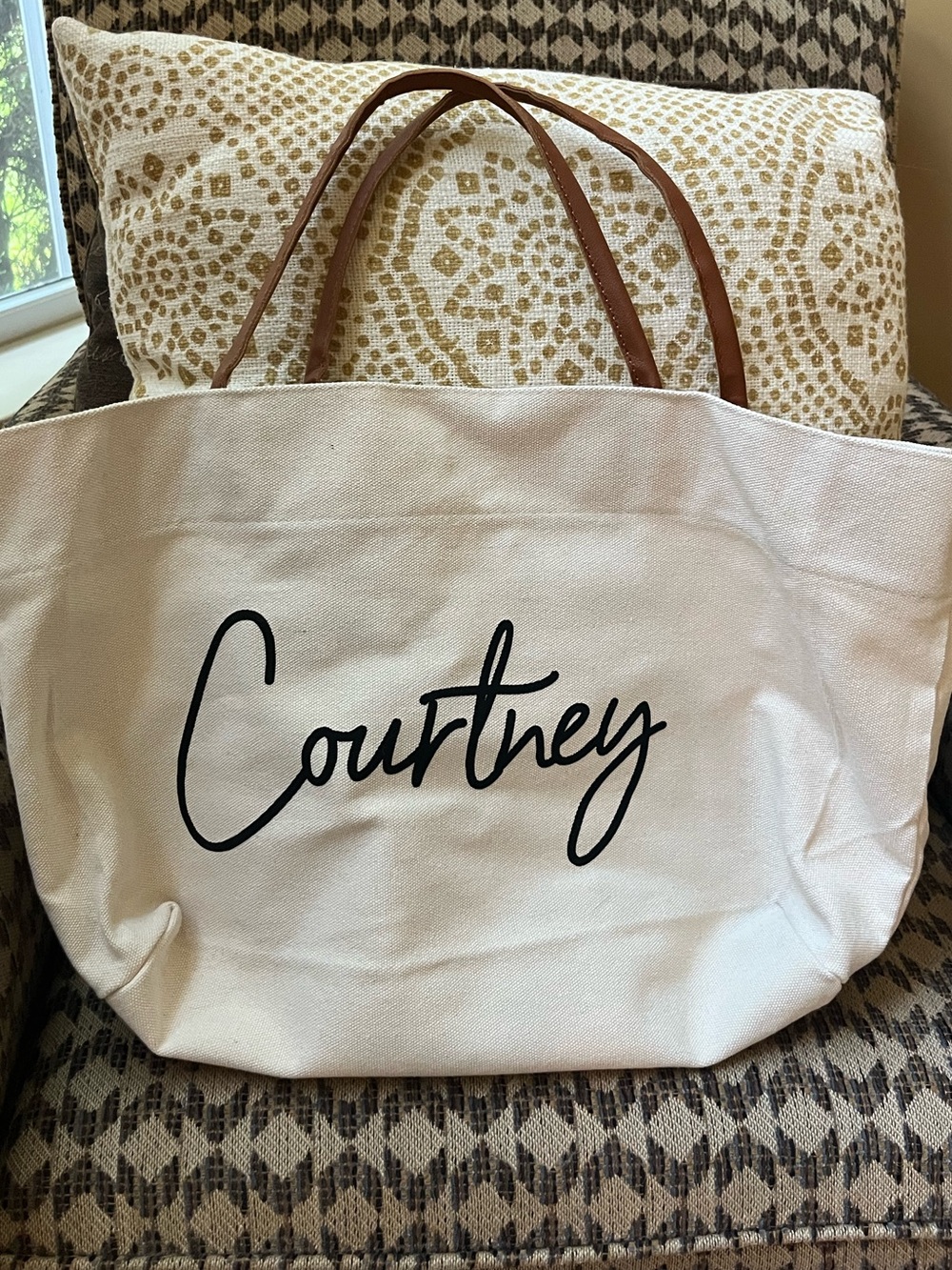 NEW Canvas Tote Bag with Courtney Script - Cream with Brown Handles